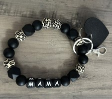 Fashion Mama Leopard Wooden Beaded Wristlet Keychain With Tassel - Black
