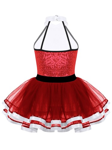 Girls Kids Circus Show Christmas Sequins Halter Dance Tutu Leotard Dress Costume - Picture 20 of 34