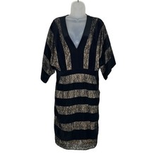 BCBGMaxazria Dress Womens Medium Black Nude Lace Semi Sheer V-Neck Party Silk