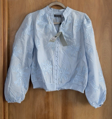 Mint Velvet Women's Blue Floral Embroidered Sequin LS Blouse Size M NEW LOOK