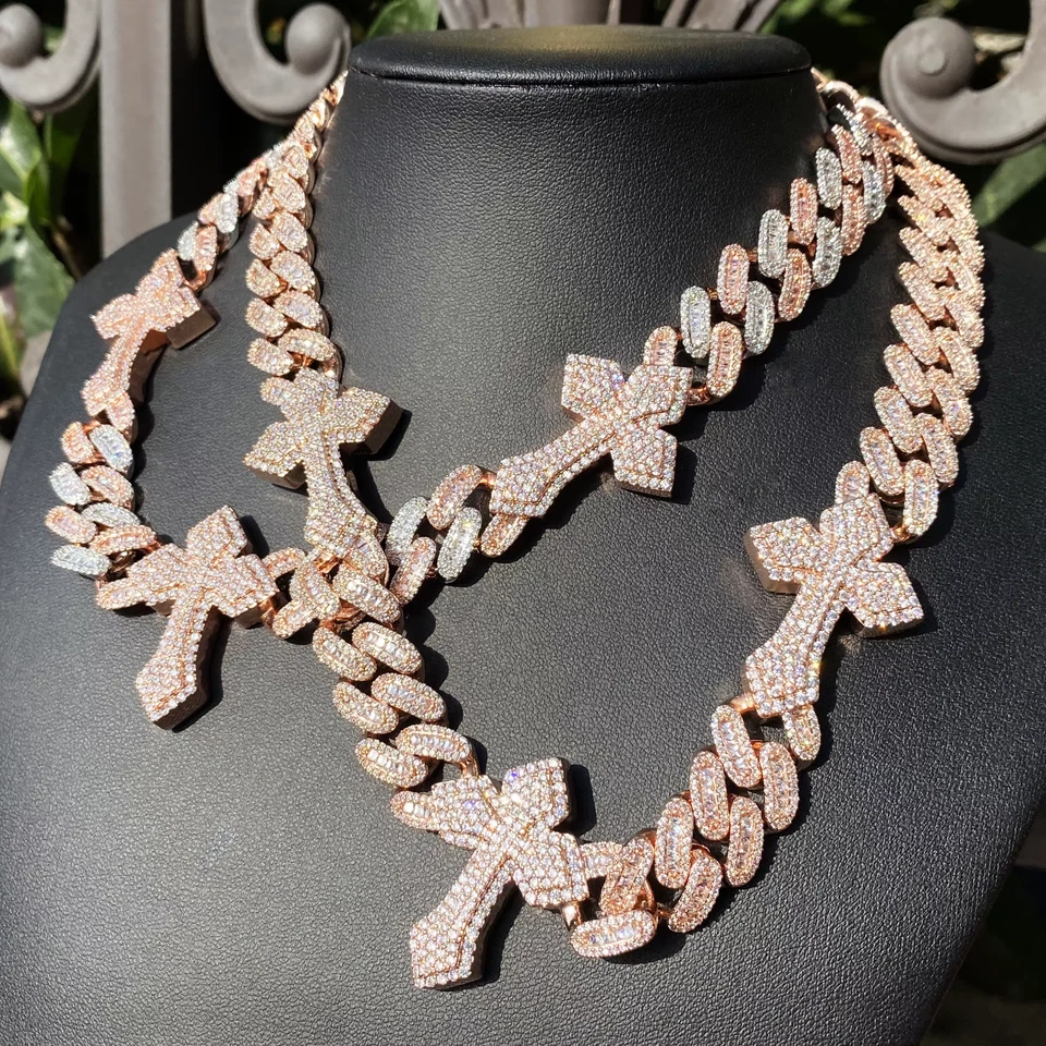 Cadena de eslabones cubanos cruzados baguette helados de 15 mm para hombre ajuste pavimentado circonita cúbica Foto 3 de 4