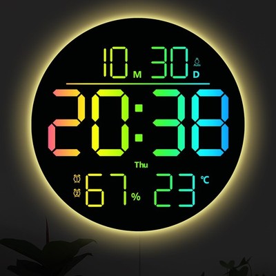10 Inch RGB Color Large Digital Wall Clock LED Display Remote Control Dimmer