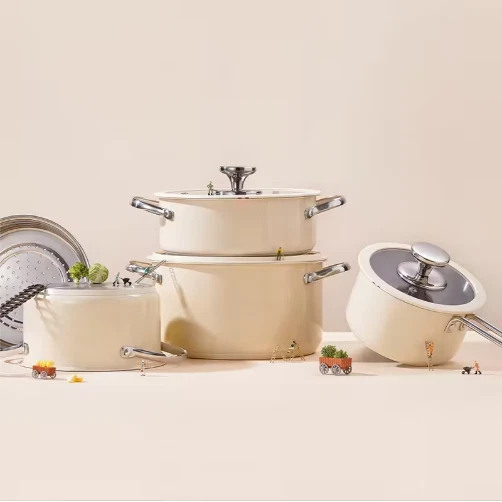 9pcs Stainless Steel Ceramic Coated Pot Set, Including 1 Milk Pot, 2 Stockpots,