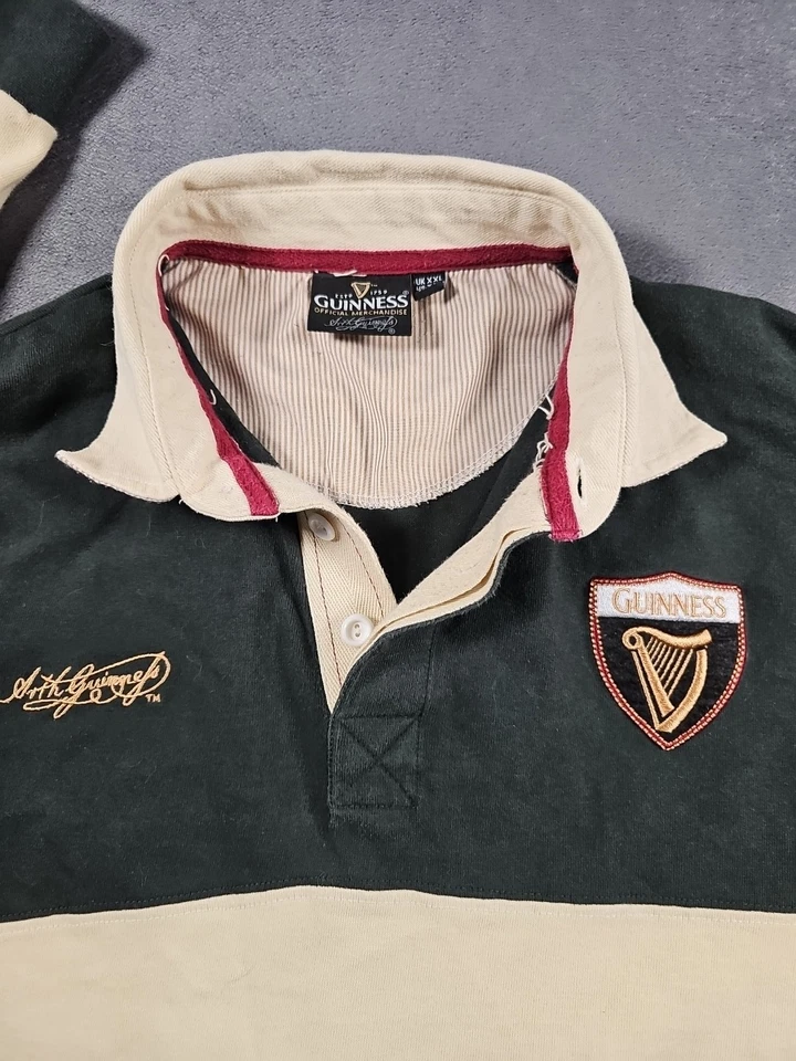 吉尼斯橄榄球 Polo 衫男式 XXL 绿色奶油色宽条纹刺绣标志 — 第 4/4 张图片