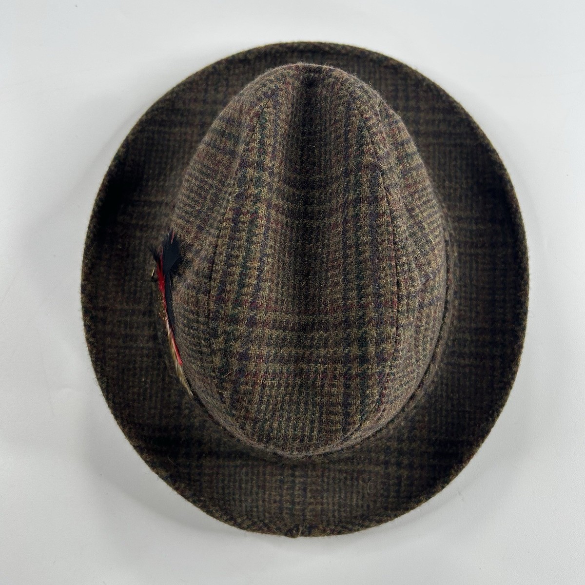 Vintage Dobbs Fifth Avenue Wool Fedora Hat Plaid Feather Brown