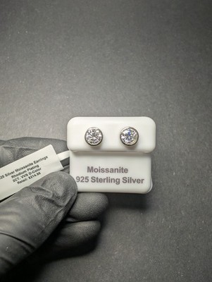 Solid 925 Sterling Silver 8.2mm VVS D Moissanite Bezel Solitaire Studs 2CTW