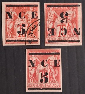 RARE 1883 New Caledonia 5c on 75c imp Allegory postage stamp INVERTED O/P