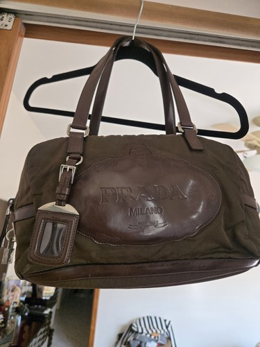 Prada Milano Brown Duffle Bag Solid Fabric & Leather Trim Top Handle Lockable