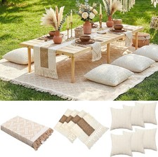 Extra Large Outdoor Boho Picnic Blanket 91'' x 71'' Beige White Table Runner