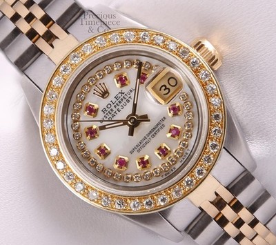 Rolex Datejust 26mm Two-Tone White MOP Ruby Diamond String Dial Diamond Bezel