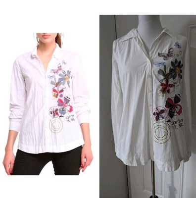 Desigual Women's Top Size M White Graphic Print Embroidered Flowers&Butterflies 