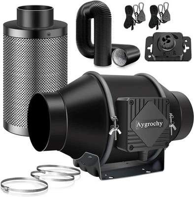Aygrochy 4'' Rohrventilator Abluftset Regelbar, Lüftungsset mit Aktivkohlefilter