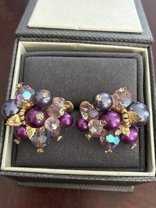 VENDOME VINTAGE AUSTRIAN CRYSTAL BEADS & GOLD LEAF DESIGN EARRINGS CLIP ONS