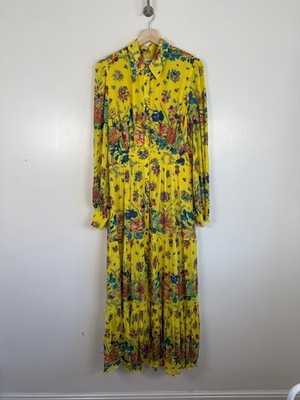 Boden Dress Size UK 14 Yellow Maxi Shirt Floral Tea Long Sleeve Tiered Summer