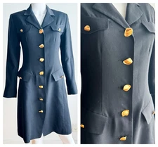 Vintage Holt Renfrew Pure New Wool Black Gold Button Office Dress 4