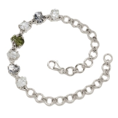 Natürlicher echter tschechischer Moldavit & Herkimer Diamant 925 Silber Armband SB17412