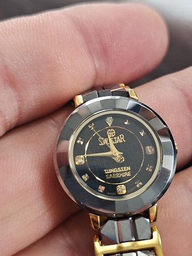 RARE 23 Ct Gold Swistar Watch Tungsten Case And Bracelet Sapphire With Diamonds - Picture 10 of 10