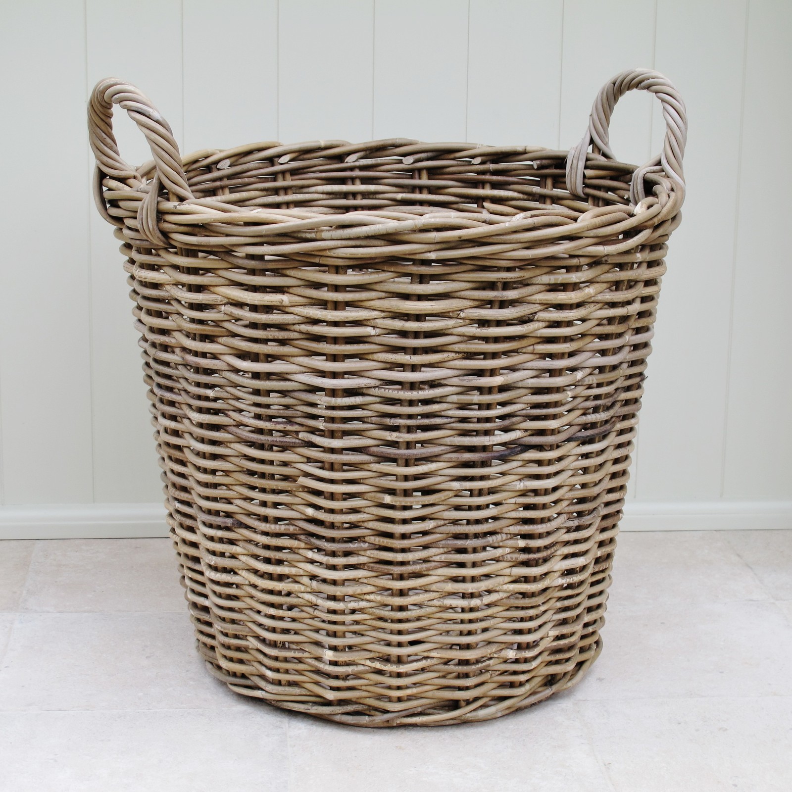 Grey & Buff Rattan Round Wicker Log Basket with handles Large