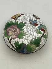 Cloisonné Lidded Round Trinket Box Brass And Enamel Butterflies And Flowers