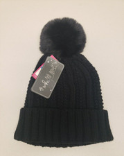 Vince Camuto Beanie Womens Black Cuff  Faux Fur Pom Pom NWT Retain 48 Snow Ski