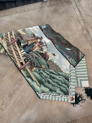 Fall TAPESTRY  TABLE RUNNER  78  X 13  Rag Doll & Pumpkin Tassels
