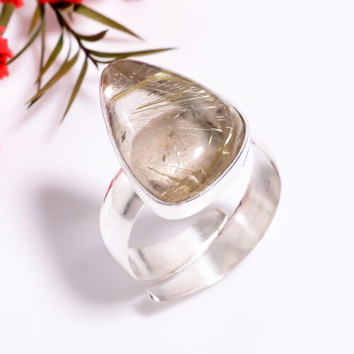 Golden Rutile Quartz Gemstone Handmade 925 Silver Plated Ring Adjustable GSR8785 - Picture 1 of 2