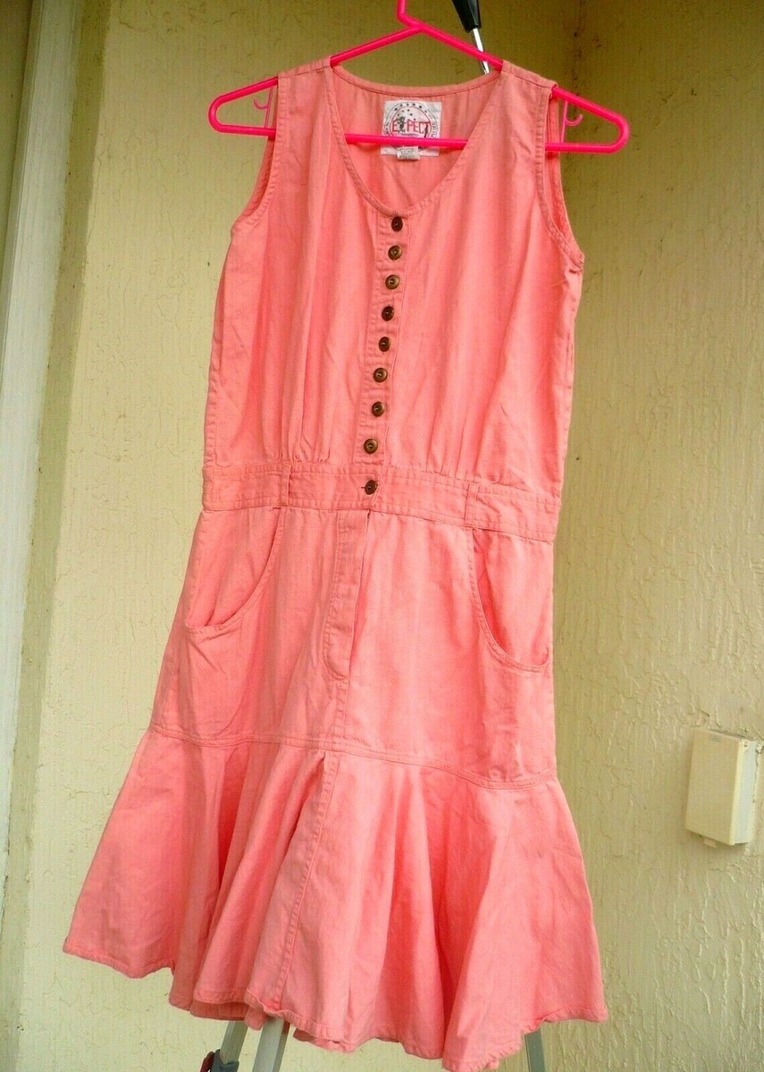 peach denim dress VTG 90S S M PEACH PINK DENIM RUFFLED WESTERN POCKET BUTTON CUTE KNEE DRESS  WOMEN