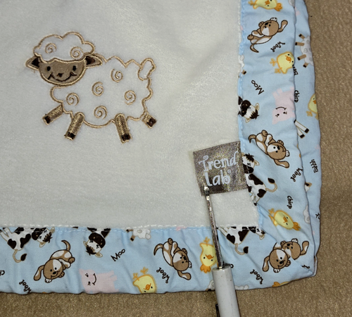 TREND LAB Baby Blanket Sheep w Farm Animals Cows Pigs Blue Trim ~38 x 28 Unisex - Picture 2 of 9