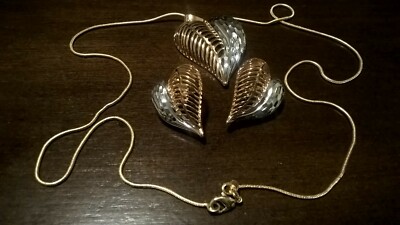 Two Tone Gold Plated Heart & Leaf Necklace Earring Jewelry Set