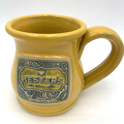 Deneen Pottery Hesters Cafe Potbelly Coffee Mug Corpus Christi Tx Yellow 11 floz