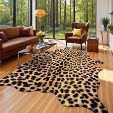 Leopard Print Area Rug 4.6x5.2ft, Machine Washable Faux Fur, Non-Slip Animal Hid