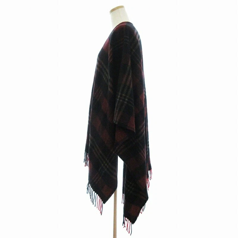 BALENCIAGA Used Poncho Cape Check Cashmere Blend Fringe Red Red Black 125 x 180c Foto 2 de 4