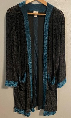 Logo Lori Goldstein Lavish Kimono Womens 3X Black Teal Velvet Burnout Whimsigoth