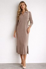 Philosophy Midi Sweater Dress Womens Small Taupe Collared V Neck Side Slit NWT