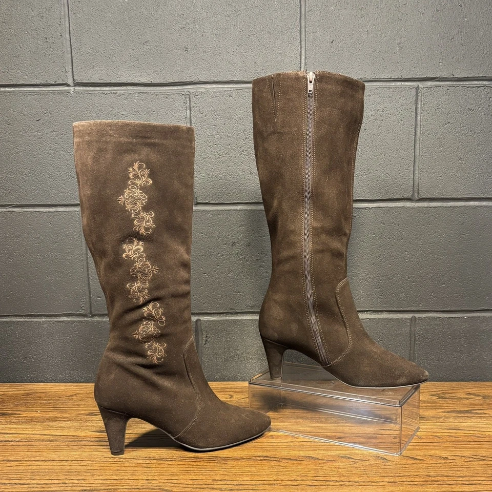 Laura Ashley Hadley Brown Suede Leather Embroidered Knee High Boots Women’s 8.5 - Image 2 of 4