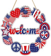 4th of July Decorations Patriotic Wreath Decor Wooden Welcome Front Door Sign Re