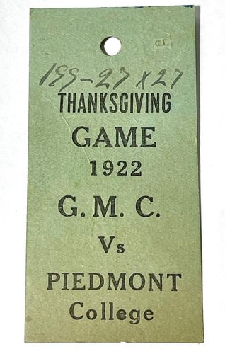 RARE 1922 FOOTBALL TICKET- PIEDMONT COLLEGE vs G.M.C. -GEORGIA MILITRARY COLLEGE