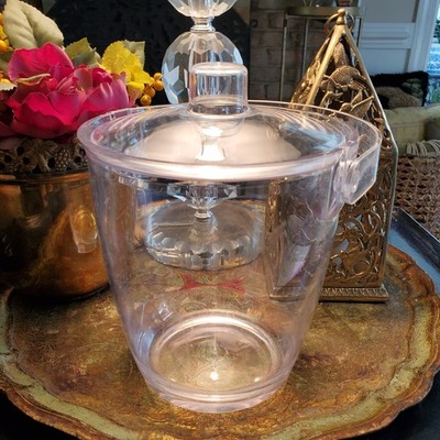 Vintage Ice Bucket Made in USA by US Acrylic Clear w Lid & Handle Used Scartched