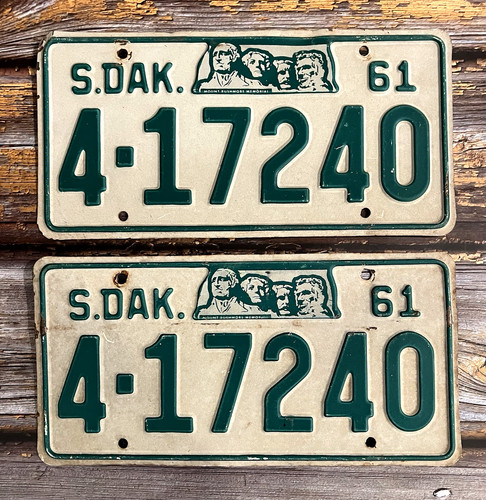1961 South Dakota License Plate Matched Pair / Set 4-17240 - Mount Rushmore