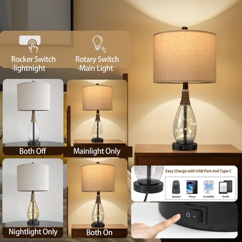 23" USB A+C Table Lamp for Bedroom Living Room Modern Bedside Lamps Retro Far... - Picture 3 of 9