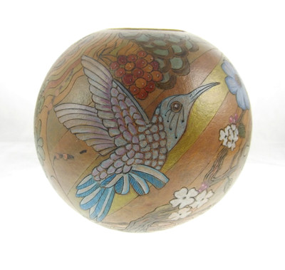 6'' American Folk Art Gourd USA Flag Hummingbird Mushroom Hand Painted Carved