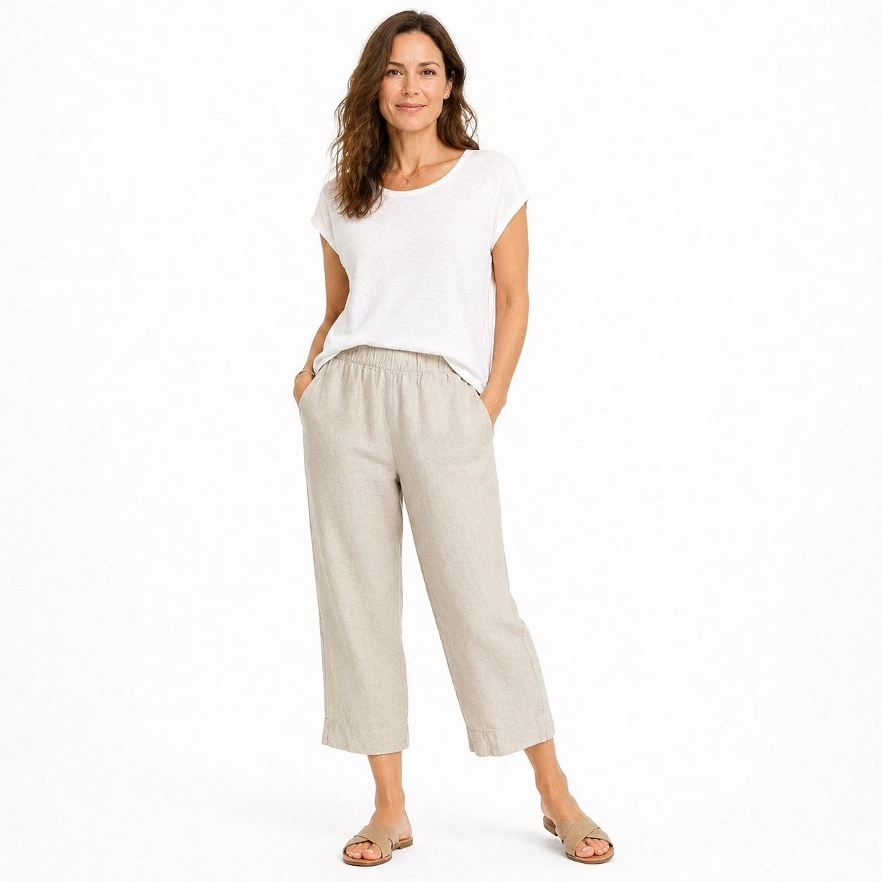 Pure Jill 100% Linen Pant Women Small Beige Pull On Elastic Waist Cropped Casual