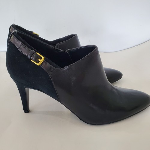 LAUREN RALPH LAUREN 8.5 PABLA Black Leather Booties Gold Buckle 3" Stiletto City - Picture 3 of 17