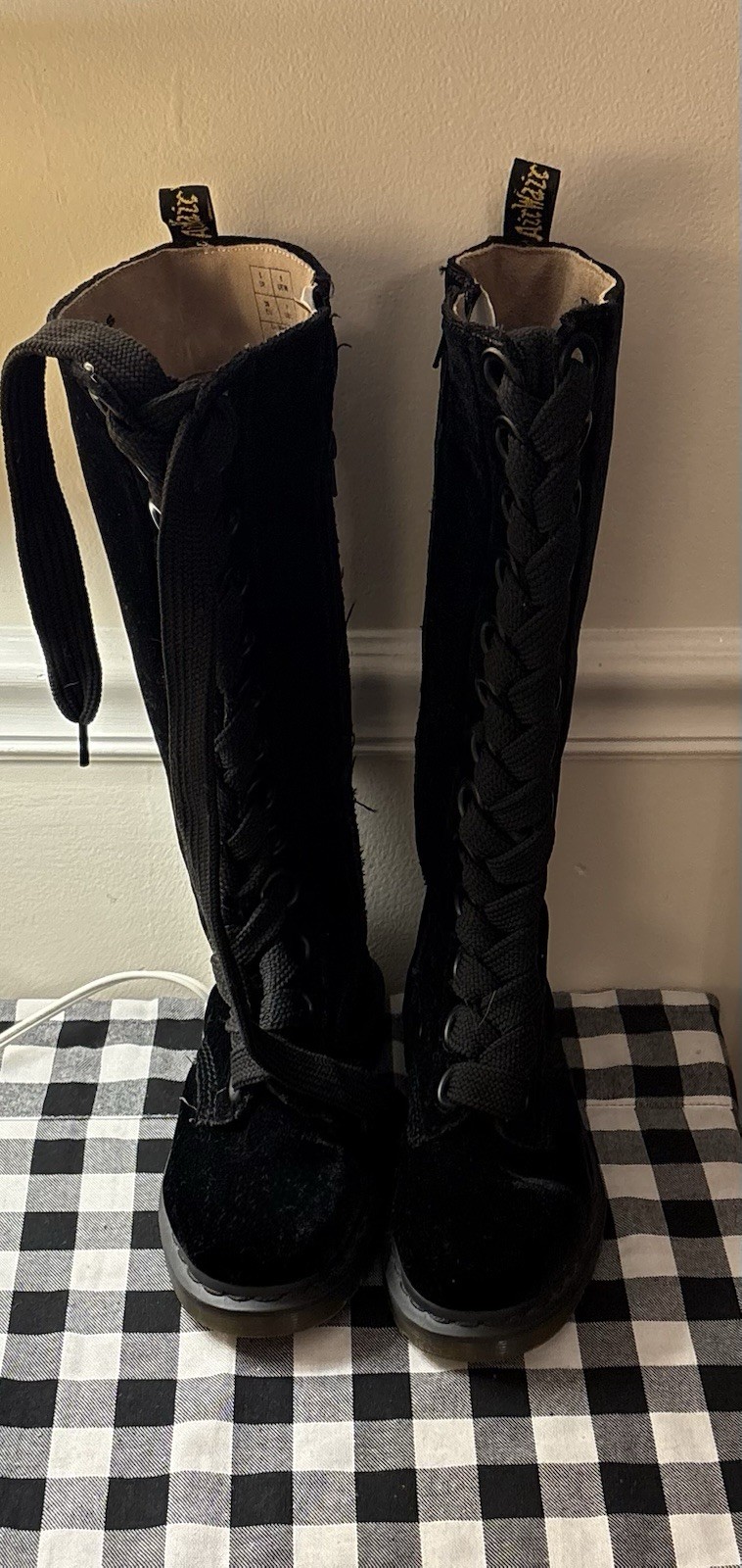 Dr Martens Black Velvet Knee High Tall Boots 90’s RARE Womens Size 7/Mens Size 6 image 2
