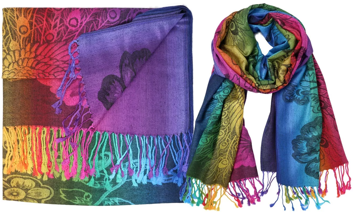 Peacock Feather Ethnic Colorful Soft and Silky Pashmina Scarf Shawl Rainbow  Wrap | eBay