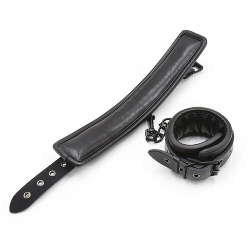 Black Leather Neck Collar Ankle Hand Cuffs Spreader Bar Set Bondage Restraints - Bild 9 von 16