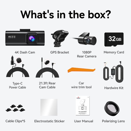 REDTIGER 4K Dash Camera Front and Rear with Hardwire Kit and Polarizing Lens - Picture 8 of 12