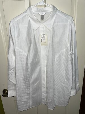 NWT Christopher & Banks White Button-Down Blouse 1X 3/4 sleeves muted pattern