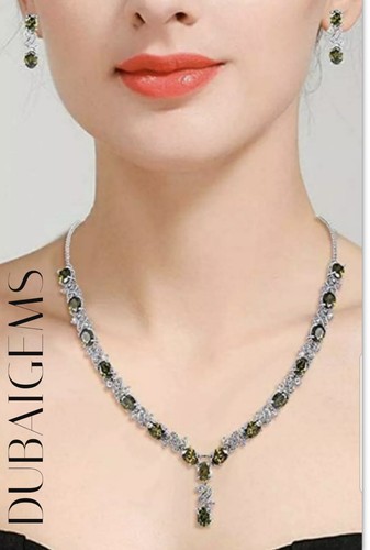 Halskette Ohrringe Weißgold-Finish Ovalschliff grüner Smaragd und kreierter Diamant   - Bild 5 von 9