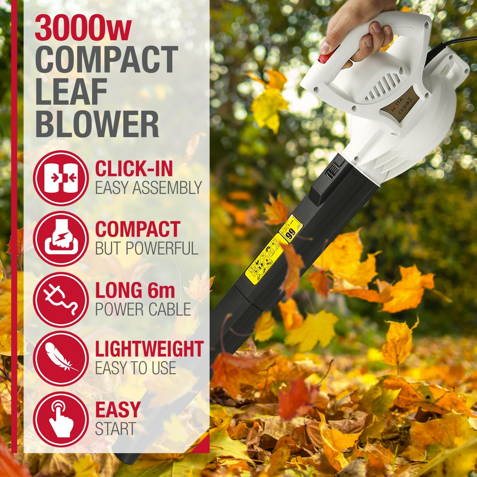 NETTA Leaf Blower Electric Corded 3000W Compact Lightweight Handheld